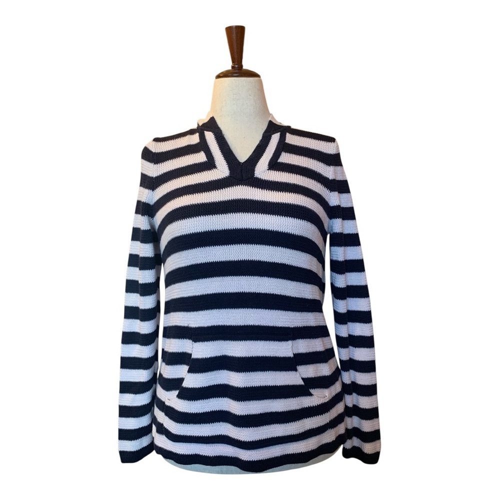 Talbots Navy Ivory Striped V-Neck Cotton Blend Sweater Hood Pull-Over Size MP